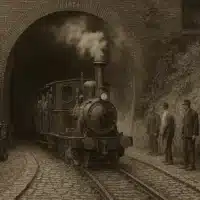 Ein mit KI erstelltes historisches Bild zeigt das Ende des Schellfischtunnels, aus dem gerade Dampflok mit Waggons herausgefahren kommt. Rechts neben den Schienen stehen Hafenarbeiter.