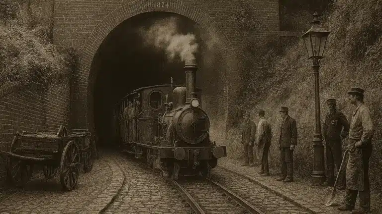 Ein mit KI erstelltes historisches Bild zeigt das Ende des Schellfischtunnels, aus dem gerade Dampflok mit Waggons herausgefahren kommt. Rechts neben den Schienen stehen Hafenarbeiter.